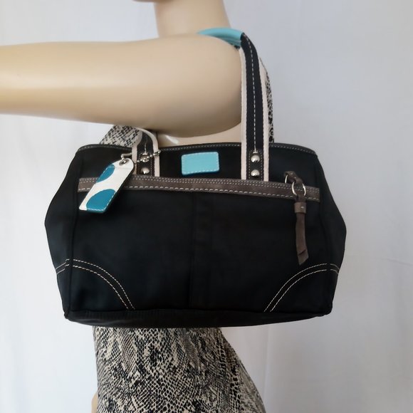 Coach #F11992 Hampton Weekend Satchel Black Satin with Blue & Silver Tones - Picture 1 of 11